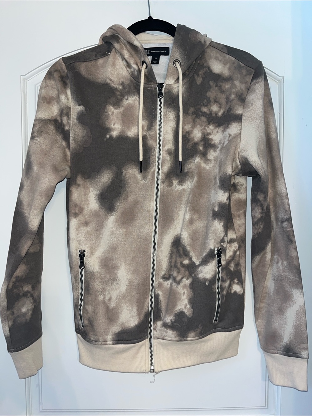 INC International Concepts Men's Tie-Dye Zip Hoodie in Beige and Gray